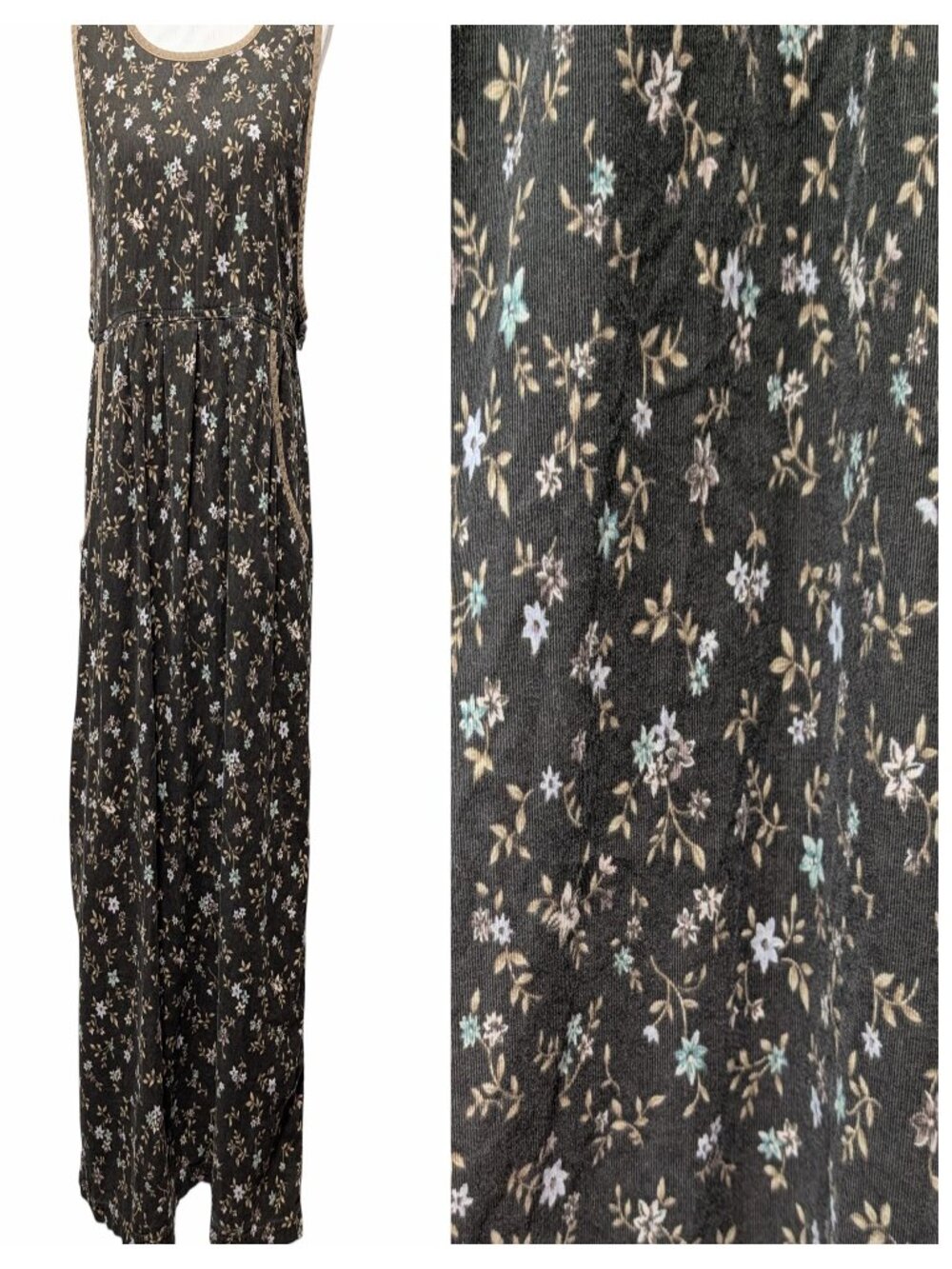 Vintage Erika & Co Petite Sz M/L? Brown Floral Corduroy Pocket Cottagecore Dress